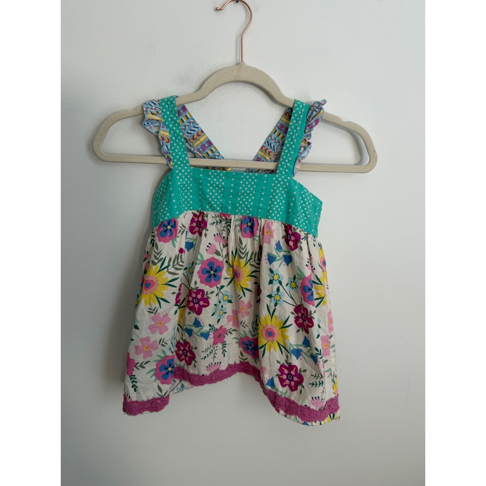 Matilda Jane Floral Mixed Print Ruffle Strap Tunic Top Size 8 Girls Teal Pink